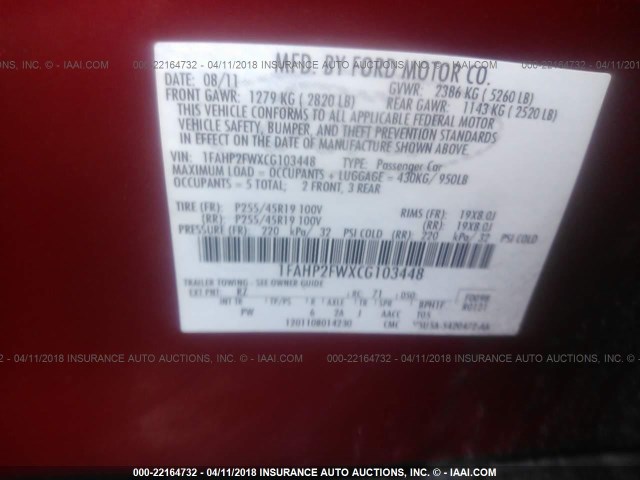 1FAHP2FWXCG103448 - 2012 FORD TAURUS LIMITED RED photo 9