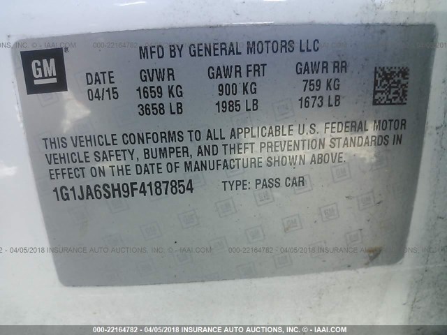 1G1JA6SH9F4187854 - 2015 CHEVROLET SONIC LS 白色 照片 9