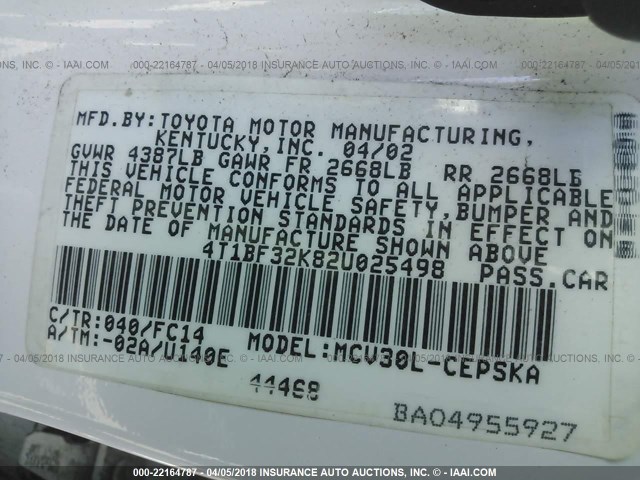 4T1BF32K82U025498 - 2002 TOYOTA CAMRY LE/XLE/SE WHITE photo 9