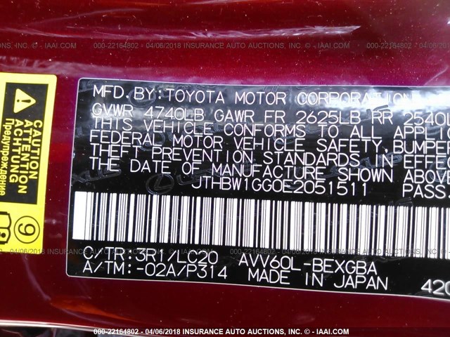 JTHBW1GG0E2051511 - 2014 LEXUS ES 300H RED photo 9