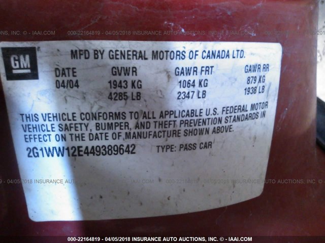 2G1WW12E449389642 - 2004 CHEVROLET MONTE CARLO LS RED photo 9