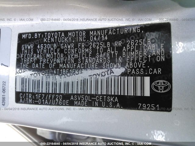 4T1BF1FK4EU809650 - 2014 TOYOTA CAMRY L/SE/LE/XLE 银色 照片 9