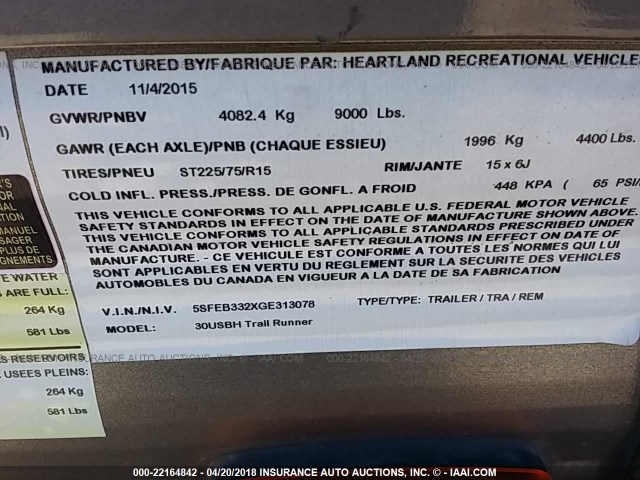 5SFEB332XGE313078 - 2016 HEARTLAND TRAIL RUNNER  WHITE photo 9