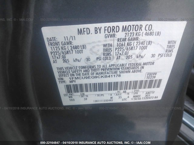 1FMCU9EG9CKB41178 - 2012 FORD ESCAPE LIMITED BLUE photo 9