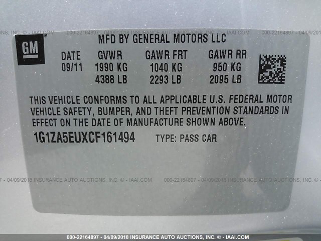 1G1ZA5EUXCF161494 - 2012 CHEVROLET MALIBU LS 银色 照片 9