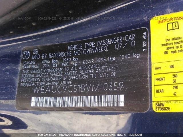 WBAUC9C51BVM10359 - 2011 BMW 135 I BLUE photo 9