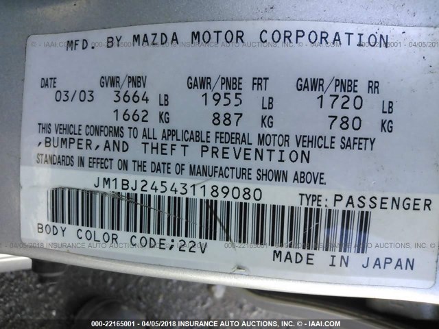 JM1BJ245431189080 - 2003 MAZDA PROTEGE PR5 银色 照片 9