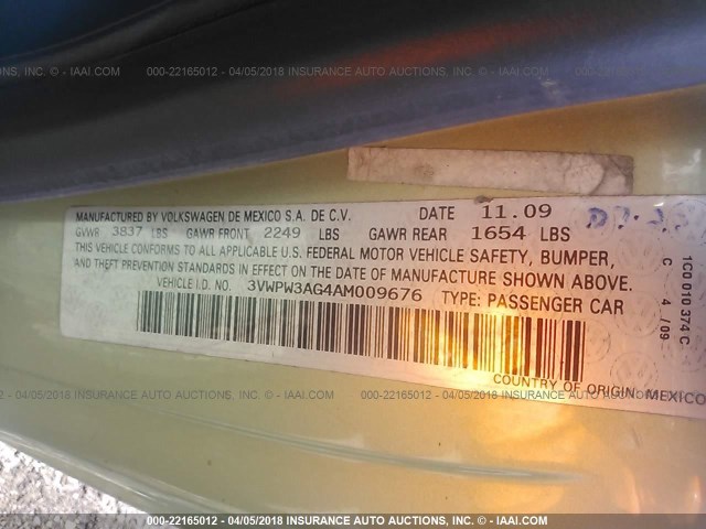 3VWPW3AG4AM009676 - 2010 VOLKSWAGEN NEW BEETLE 绿色 照片 9