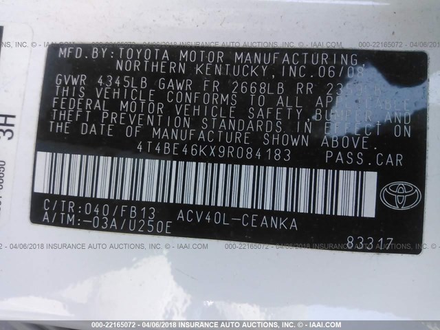 4T4BE46KX9R084183 - 2009 TOYOTA CAMRY SE/LE/XLE WHITE photo 9