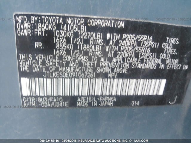 JTLKE50E091067261 - 2009 TOYOTA SCION XB Mavi foto 9