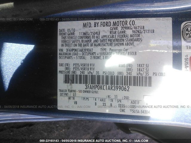 3FAHP0KC1AR399062 - 2010 FORD FUSION SPORT BLUE photo 9