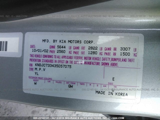 KNDJC733435057075 - 2003 KIA SORENTO EX/LX GRAY photo 9