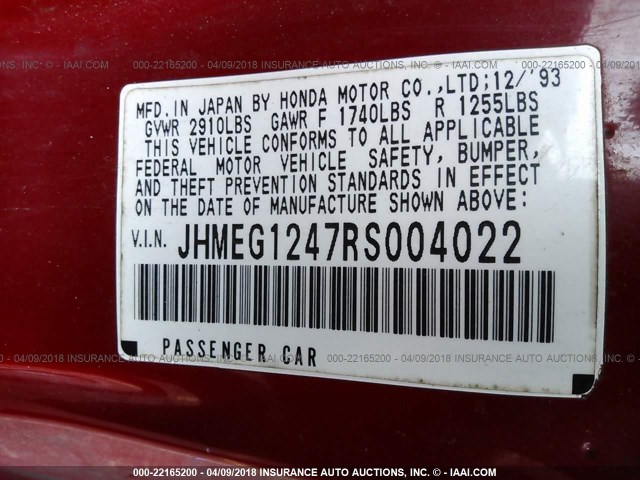 JHMEG1247RS004022 - 1994 HONDA CIVIC DEL SOL S RED photo 9