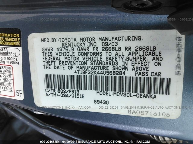 4T1BF32K44U568284 - 2004 TOYOTA CAMRY LE/XLE/SE BLUE photo 9