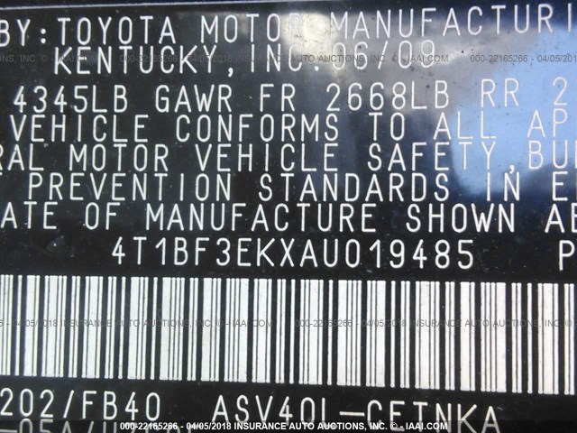 4T1BF3EKXAU019485 - 2010 TOYOTA CAMRY SE/LE/XLE BLACK photo 9