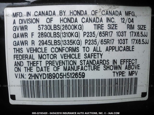 2HNYD18905H512659 - 2005 ACURA MDX TOURING BLACK photo 9