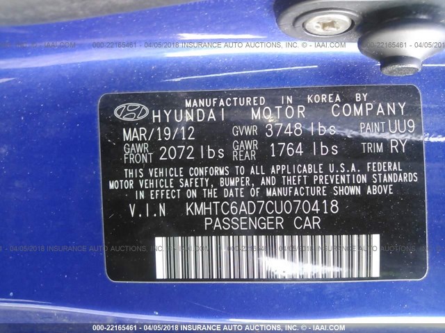 KMHTC6AD7CU070418 - 2012 HYUNDAI VELOSTER BLUE photo 9