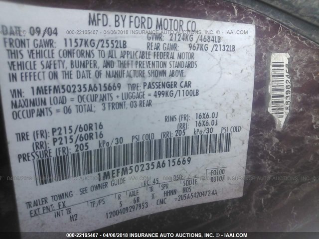 1MEFM50235A615669 - 2005 MERCURY SABLE GS MAROON photo 9