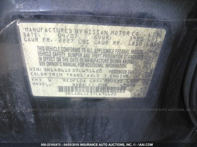 3N1AB61E37L691620 - 2007 NISSAN SENTRA 2.0/2.0S/2.0SL BLACK photo 9