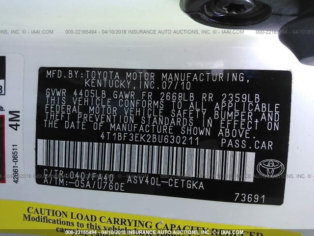 4T1BF3EK2BU630211 - 2011 TOYOTA CAMRY SE/LE/XLE WHITE photo 9
