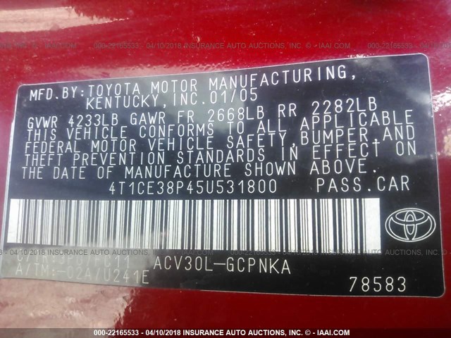 4T1CE38P45U531800 - 2005 TOYOTA CAMRY SOLARA SE/SLE წითელი ფოტო 9