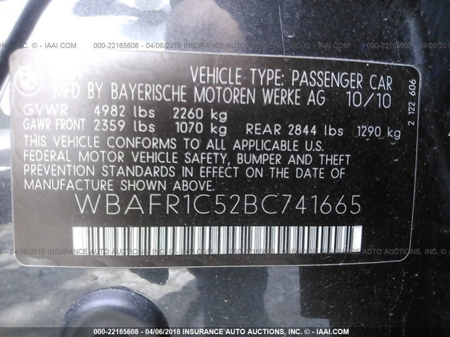 WBAFR1C52BC741665 - 2011 BMW 528 I GRAY photo 9