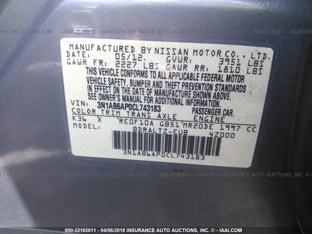 3N1AB6AP0CL743183 - 2012 NISSAN SENTRA 2.0/2.0S/SR/2.0SL GRAY photo 9