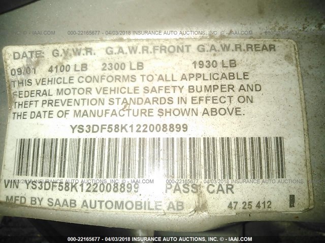 YS3DF58K122008899 - 2002 SAAB 9-3 SE SILVER photo 9