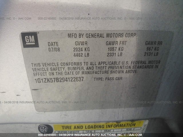 1G1ZK57B294122637 - 2009 CHEVROLET MALIBU LTZ 银色 照片 9