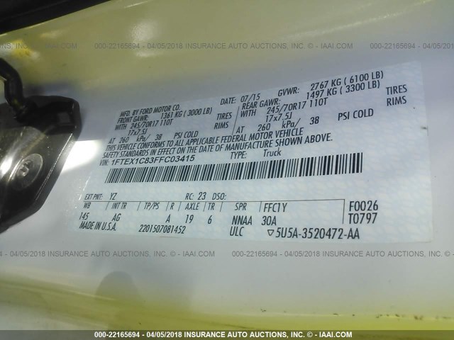 1FTEX1C83FFC03415 - 2015 FORD F150 SUPER CAB WHITE photo 9