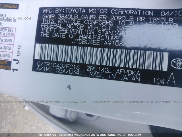 JTDBU4EE1A9108634 - 2010 TOYOTA COROLLA S/LE/XLE WHITE photo 9