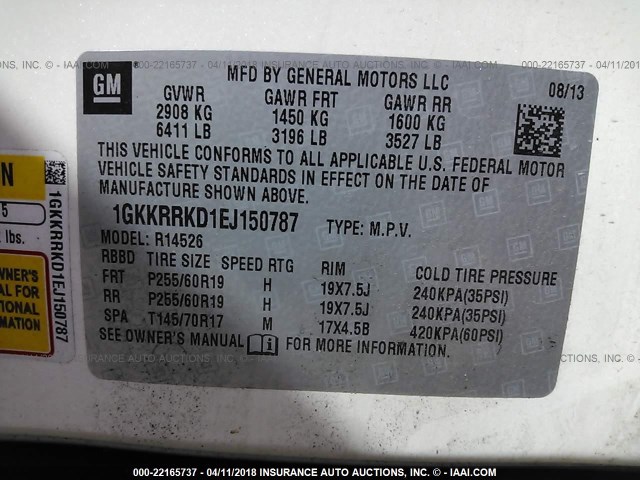 1GKKRRKD1EJ150787 - 2014 GMC ACADIA SLT-1 Білий фото 9