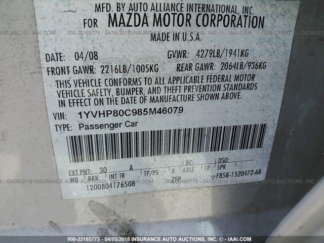 1YVHP80C985M46079 - 2008 MAZDA 6 I SILVER photo 9