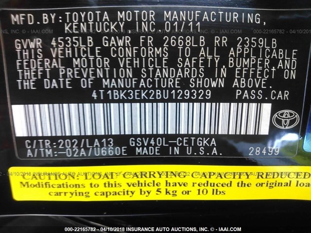 4T1BK3EK2BU129329 - 2011 TOYOTA CAMRY SE/LE/XLE BLACK photo 9