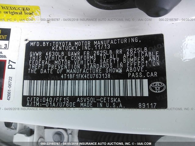 4T1BF1FK4EU763138 - 2014 TOYOTA CAMRY L/SE/LE/XLE 白色 照片 9