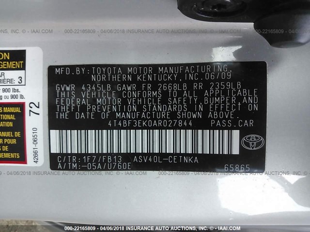 4T4BF3EK0AR027844 - 2010 TOYOTA CAMRY SE/LE/XLE SILVER photo 9