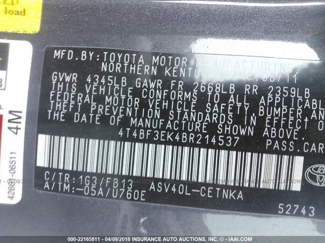 4T4BF3EK4BR214537 - 2011 TOYOTA CAMRY SE/LE/XLE ნაცრისფერი ფოტო 9