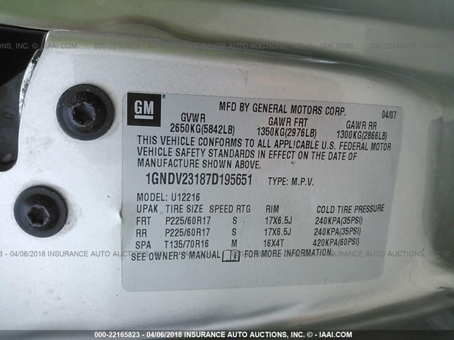 1GNDV23187D195651 - 2007 CHEVROLET UPLANDER LS SILVER photo 9