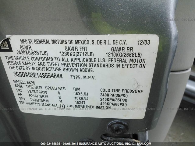 3G5DA03E14S554644 - 2004 BUICK RENDEZVOUS CX/CXL TAN photo 9