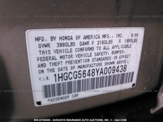 1HGCG5648YA009438 - 2000 HONDA ACCORD LX 棕色 照片 9