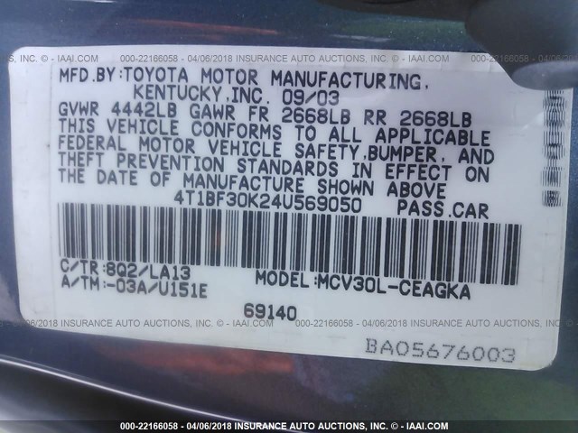 4T1BF30K24U569050 - 2004 TOYOTA CAMRY LE/XLE/SE ლურჯი ფოტო 9