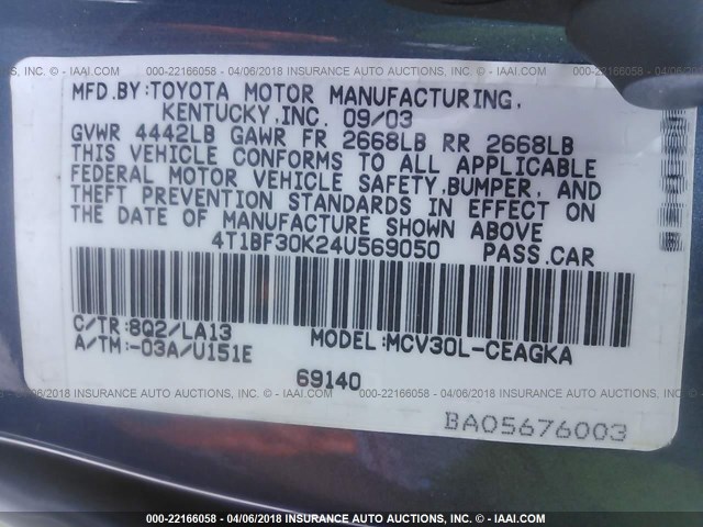 4T1BF30K24U569050 - 2004 TOYOTA CAMRY LE/XLE/SE BLUE photo 9