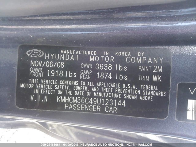 KMHCM36C49U123144 - 2009 HYUNDAI ACCENT GS GRAY photo 9