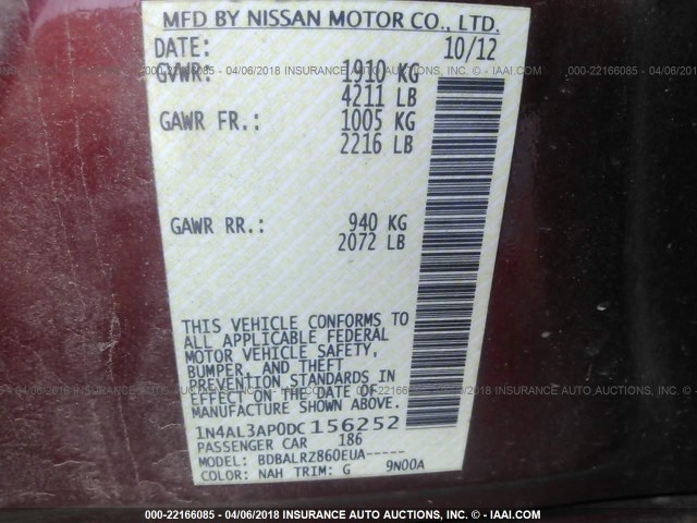 1N4AL3AP0DC156252 - 2013 NISSAN ALTIMA 2.5/S/SV/SL MAROON photo 9