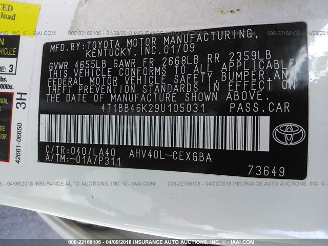 4T1BB46K29U105031 - 2009 TOYOTA CAMRY HYBRID WHITE photo 9