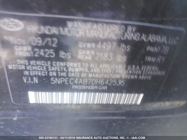 5NPEC4AB7DH642535 - 2013 HYUNDAI SONATA SE/LIMITED BLACK photo 9