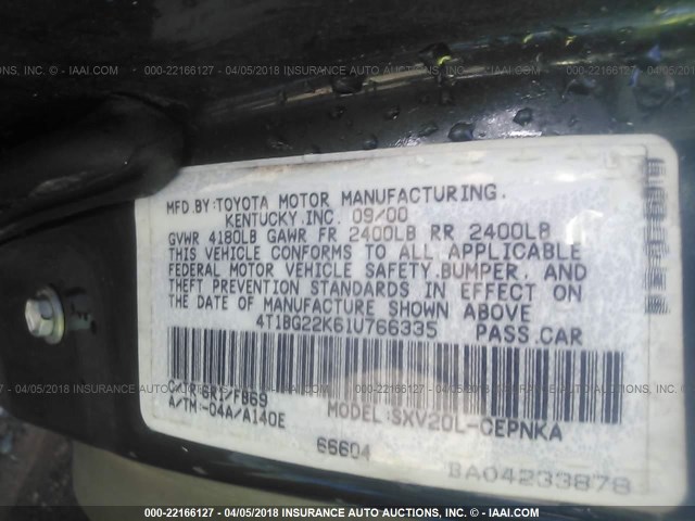 4T1BG22K61U766335 - 2001 TOYOTA CAMRY CE/LE/XLE 绿色 照片 9