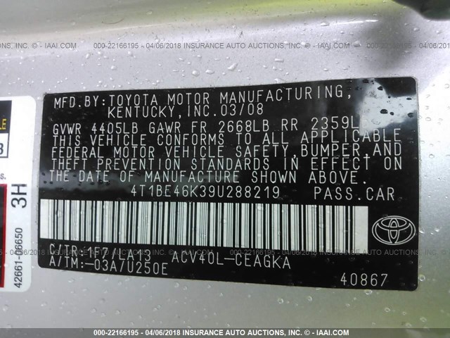 4T1BE46K39U288219 - 2009 TOYOTA CAMRY SE/LE/XLE SILVER photo 9
