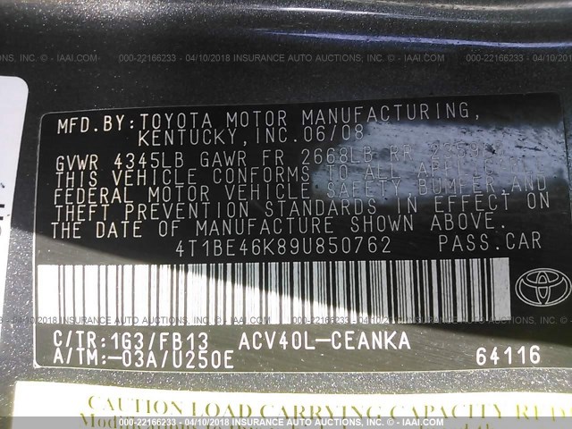 4T1BE46K89U850762 - 2009 TOYOTA CAMRY SE/LE/XLE 灰色 照片 9