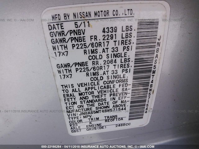 JN8AS5MT4BW571544 - 2011 NISSAN ROGUE S/SV/KROM SILVER photo 9